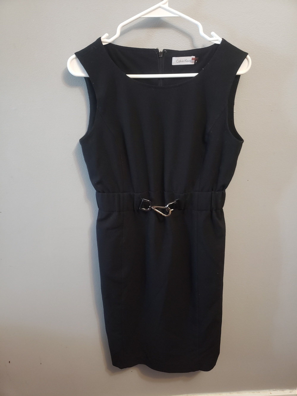 Calvin Klein Black Sleeveless Sheath Dress with Decorative Buckle